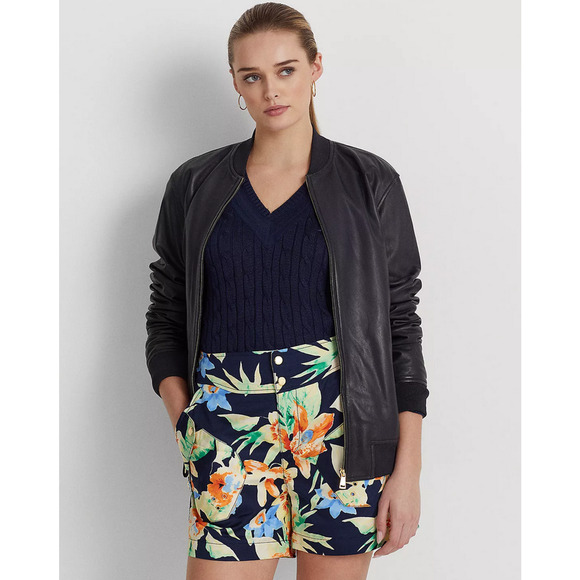 Lauren Ralph Lauren Women's Stretch Leather Bomber Jacket Navy Size L 2510